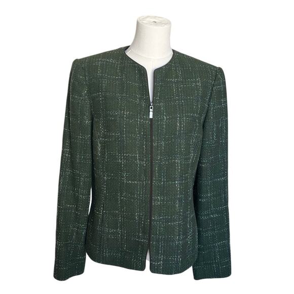 Kasper and Co Women's Green Tweed Full Zip Wool Blend Blazer Jacket Lined - Picture 1 of 8